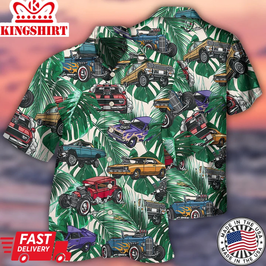 Hot Rod Tropical Leaf Flame All Printed 3D Trendy Hawaiian Shirt, Summer Aloha Shirt Men And Women