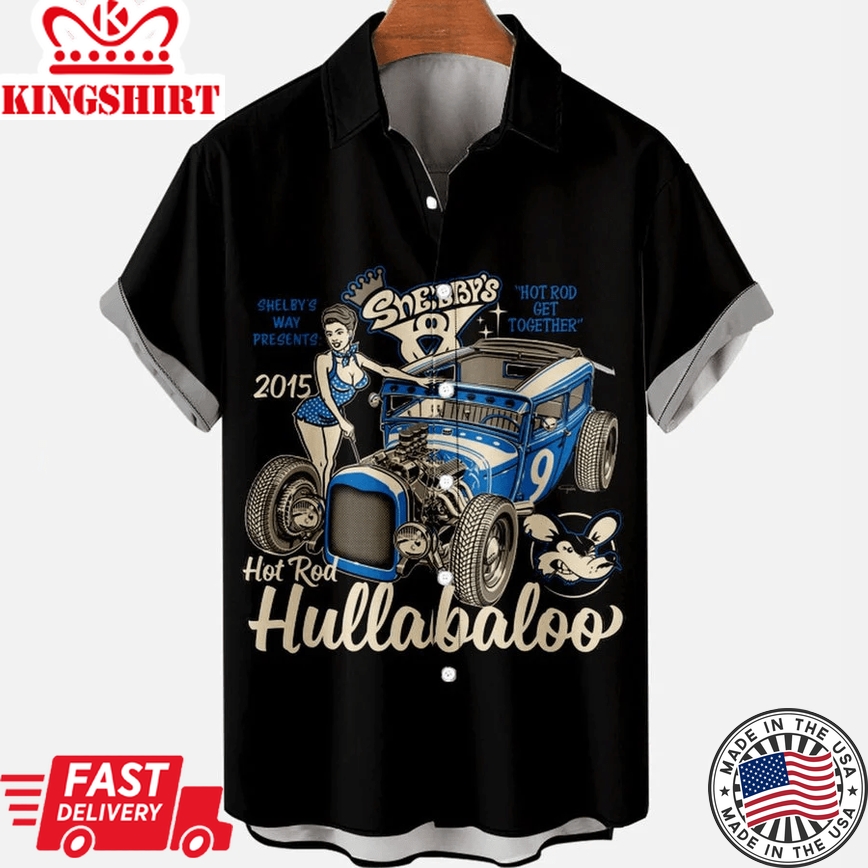 Hullaballo Car Men's All Over Letter Poster Print Street, Trendy Hawaiian Shirt Vintage, Hawaii Shirts Mens