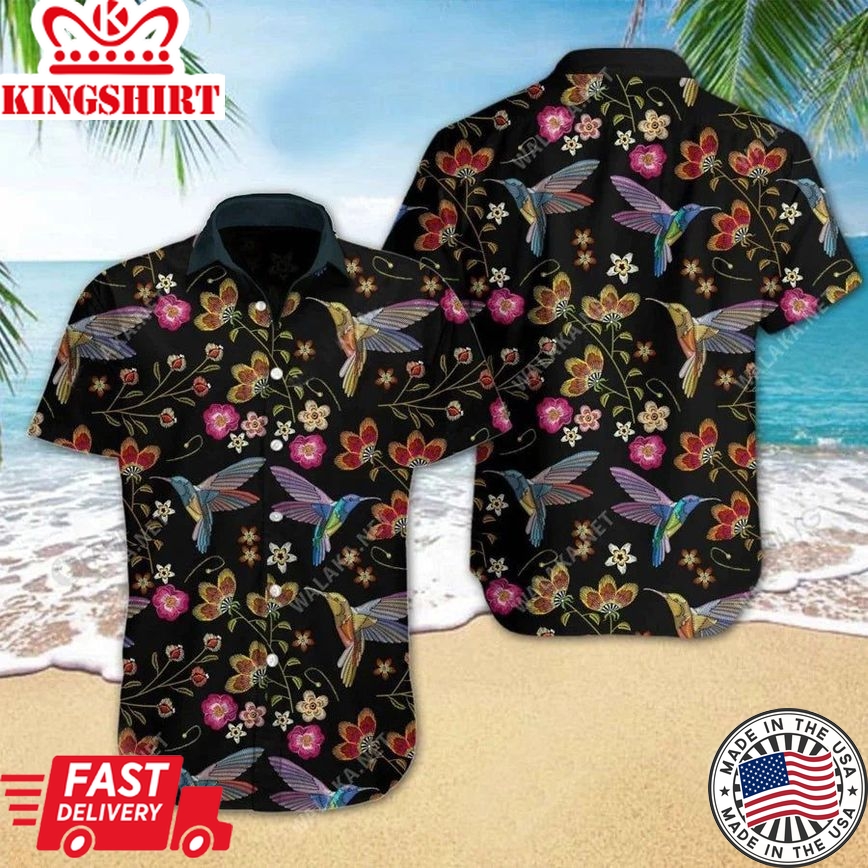 Hummingbird Embroidery Hawaiian Shirt 3D