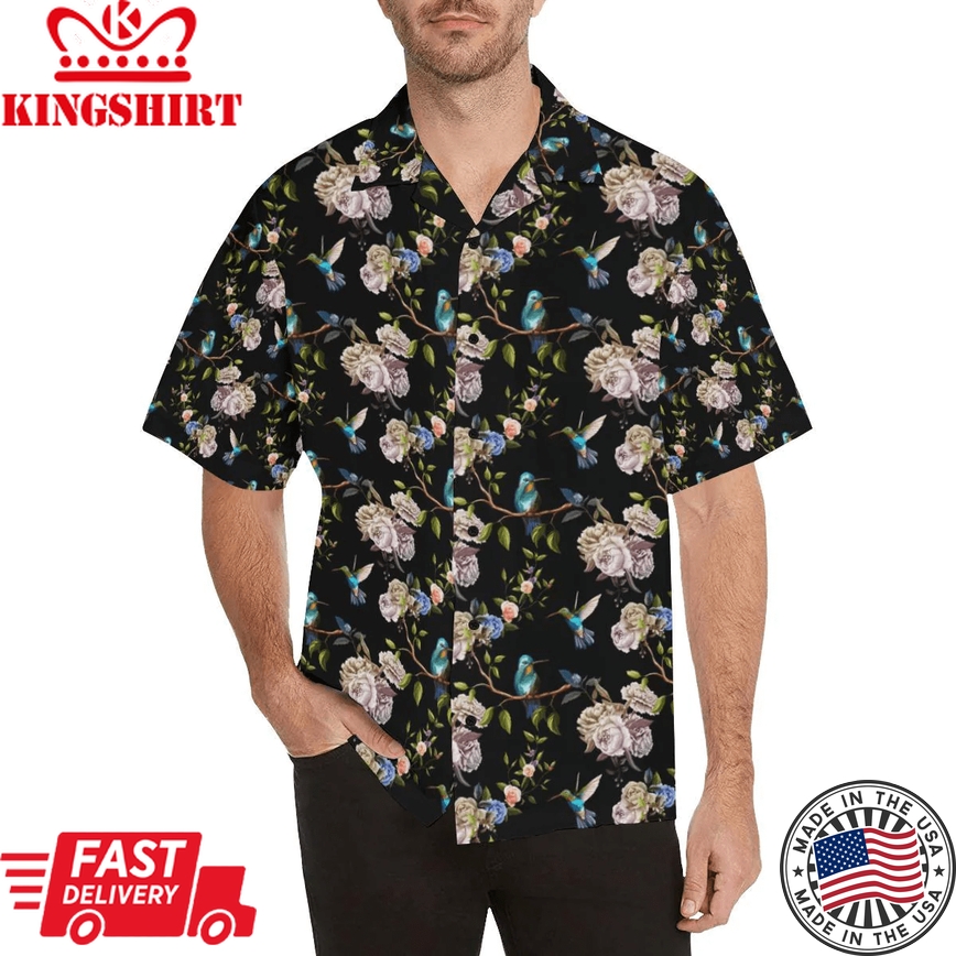 Hummingbird Flower Themed Print Trendy Hawaiian Shirt, Unisex Print Aloha Short Sleeve Casual Shirt Summer Gifts