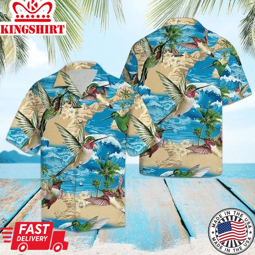 Hummingbird On Beach Summer Blue Wave Pattern Hawaiian Shirt For Men And Women