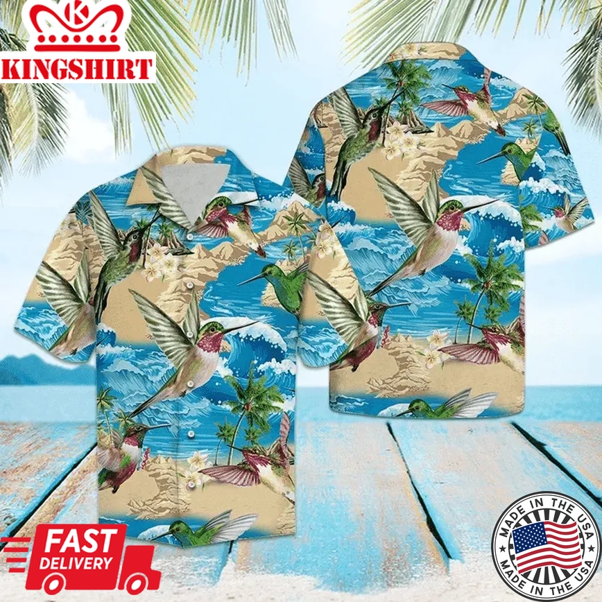 Hummingbird On Beach Summer Blue Wave Pattern Trendy Hawaiian Shirt For Men And Women