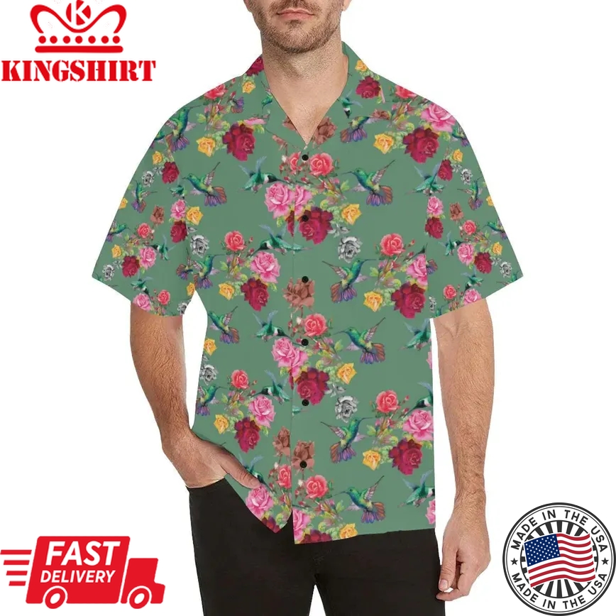 Hummingbird With Rose Themed Print Trendy Hawaiian Shirt, Turtle Lover Trendy Hawaiian Shirt For