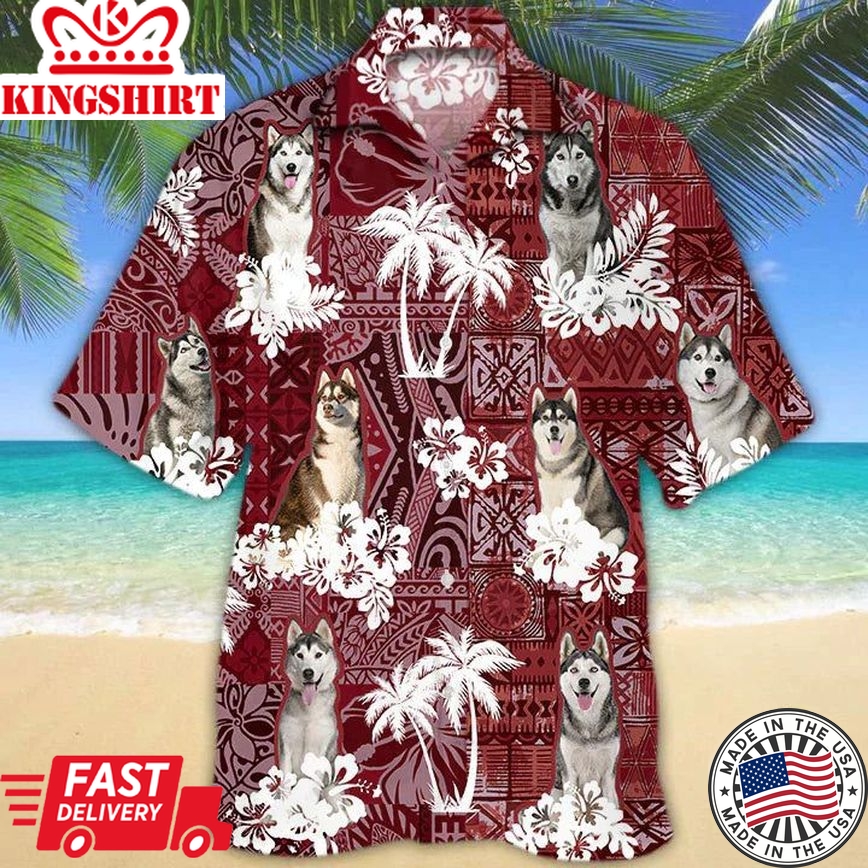 Husky Red Hawaiian Shirt, Gift For Dog Lover Shirts, Men's Hawaiian Shirt, Summer Hawaiian Aloha Shirt