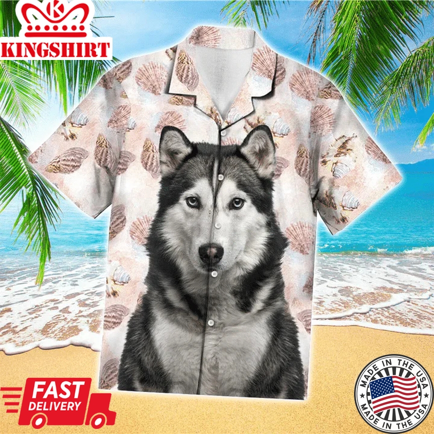 Husky Terrier Mens 3D Trendy Hawaiian Shirt, Husky Button Up Shirt