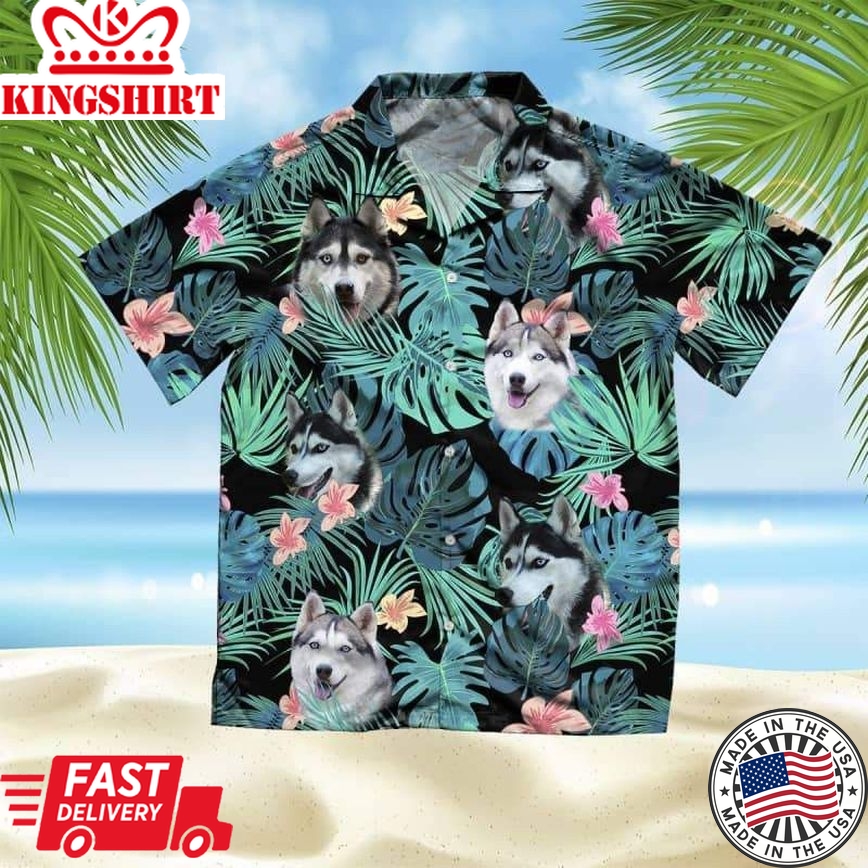 Husky Trendy Hawaiian Shirt, Dog Summer Leaves Trendy Hawaiian Shirt, Unisex Print Aloha Short Sleeve Casual Shirt Summer Gifts