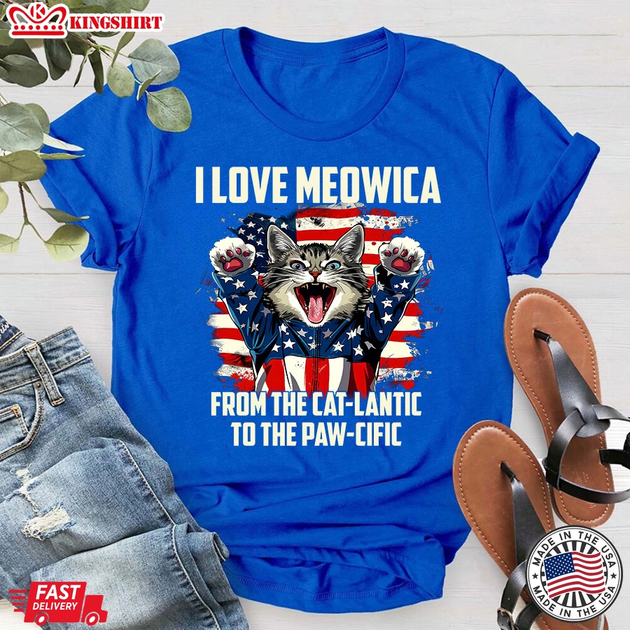 I Love Meowica From The Cat-lantic To The Paw-cific 4th of July American Flag Cat T-Shirt