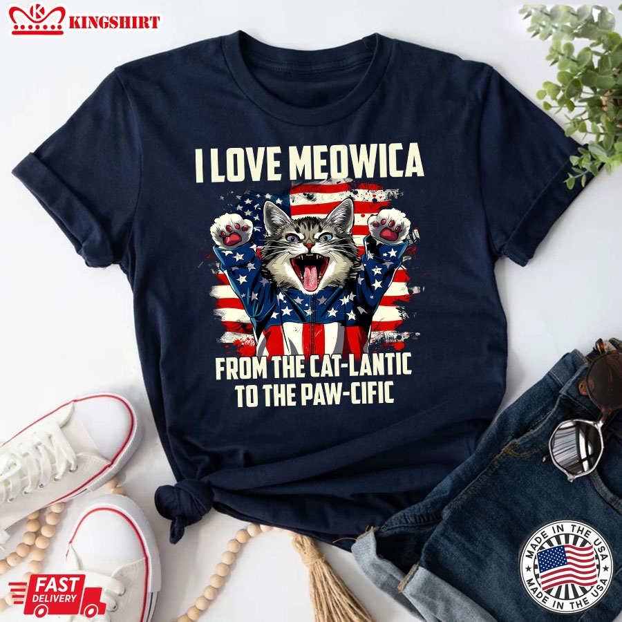 I Love Meowica From The Cat-lantic To The Paw-cific 4th of July American Flag Cat T-Shirt