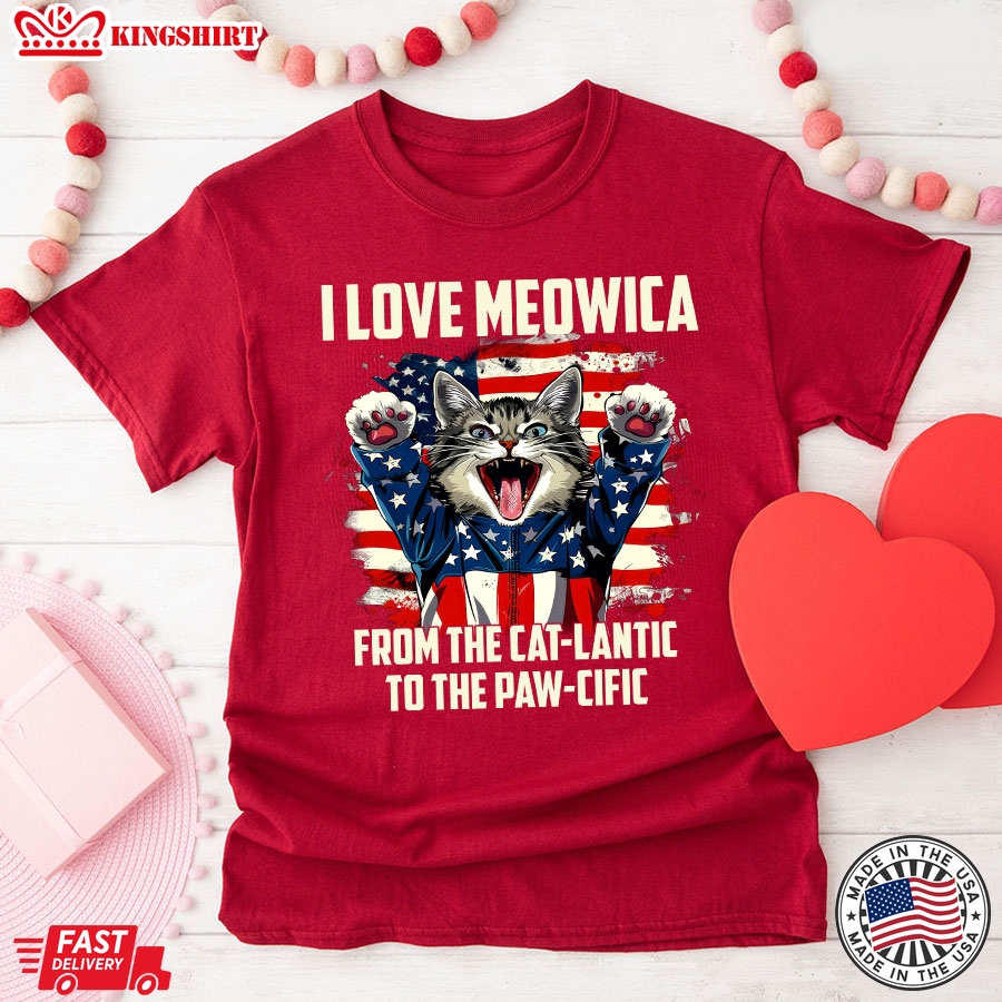 I Love Meowica From The Cat-lantic To The Paw-cific 4th of July American Flag Cat T-Shirt