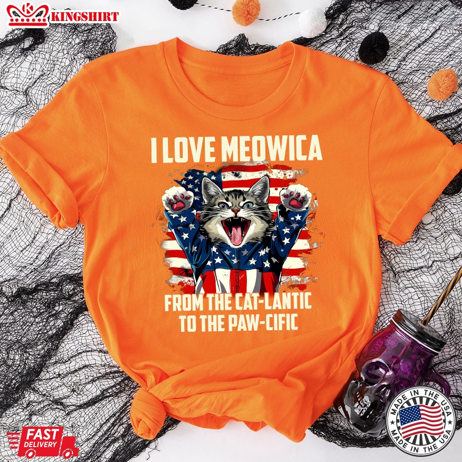 I Love Meowica From The Cat-lantic To The Paw-cific 4th of July American Flag Cat T-Shirt