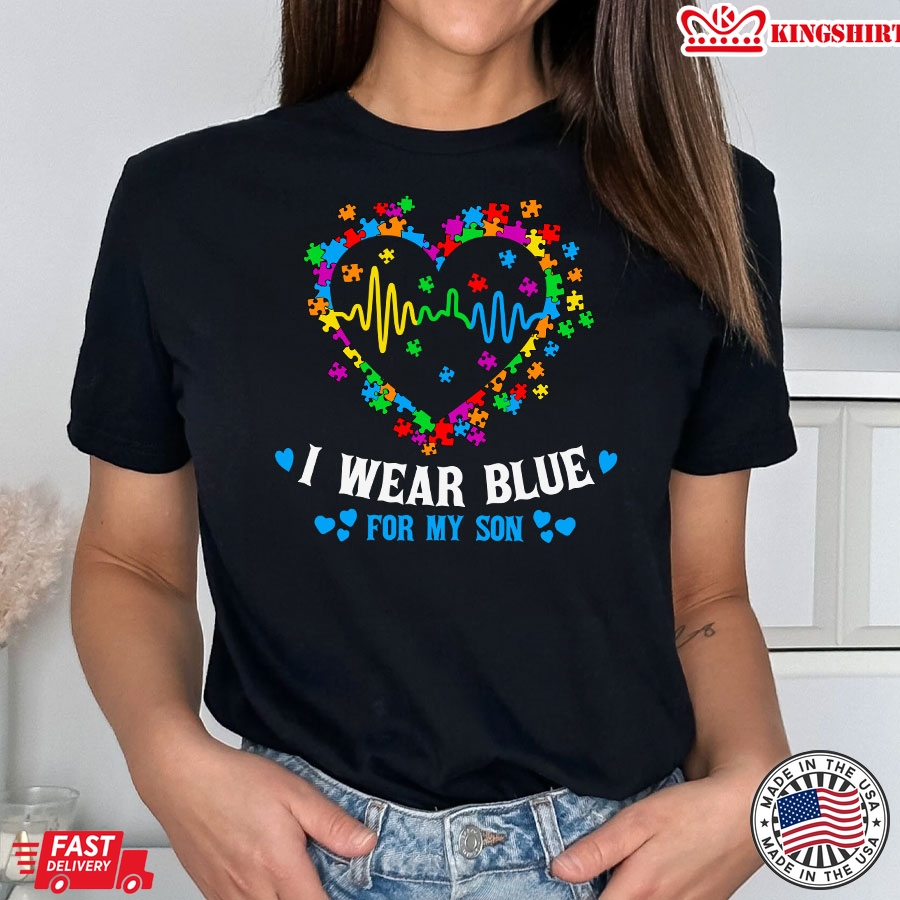 I Wear Blue For My Son Autism Awareness Heartbeat Puzzles T-Shirt