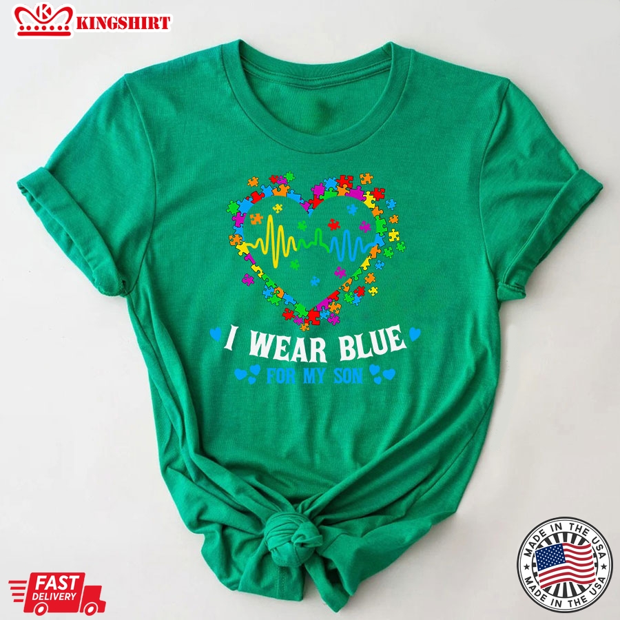 I Wear Blue For My Son Autism Awareness Heartbeat Puzzles T-Shirt