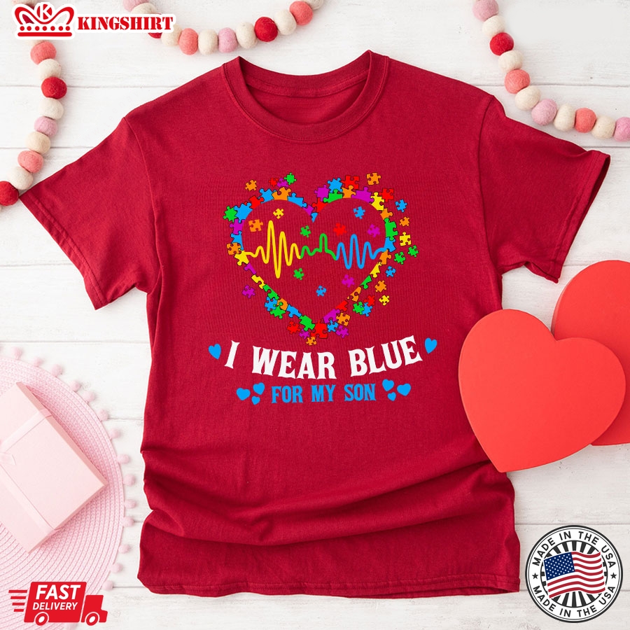 I Wear Blue For My Son Autism Awareness Heartbeat Puzzles T-Shirt