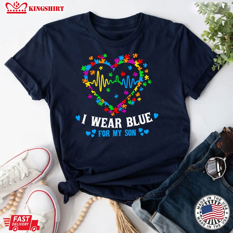 I Wear Blue For My Son Autism Awareness Heartbeat Puzzles T-Shirt