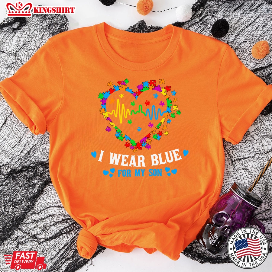 I Wear Blue For My Son Autism Awareness Heartbeat Puzzles T-Shirt