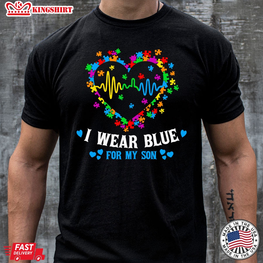 I Wear Blue For My Son Autism Awareness Heartbeat Puzzles T-Shirt