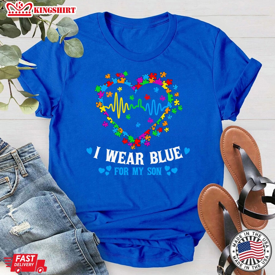 I Wear Blue For My Son Autism Awareness Heartbeat Puzzles T-Shirt