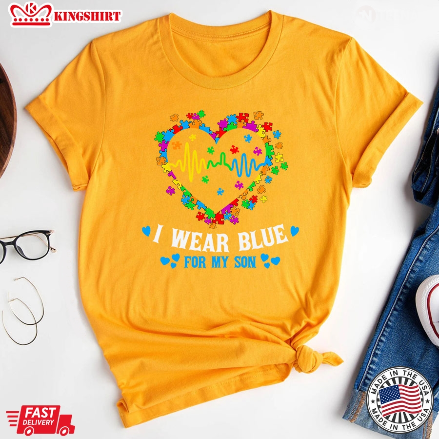 I Wear Blue For My Son Autism Awareness Heartbeat Puzzles T-Shirt