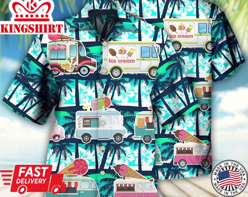 Ice Cream Truck Hot Summer - Trendy Hawaiian Shirt, Short Sleeve Hawaiian Aloha Shirt, Hawaii Style, Hawaii Honeymoon Shirt, Summer Party.