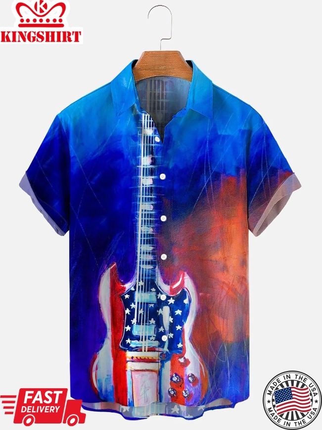 Independence Day American Flag Guitar Men's Trendy Hawaiian Shirt, 4Th Of July Trendy Hawaiian Shirt