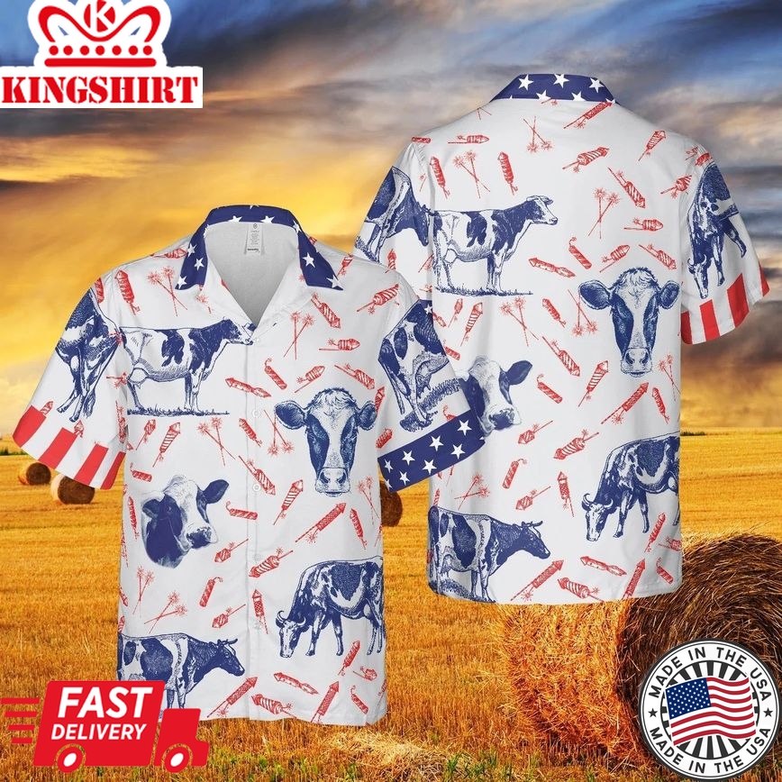 Independence Day Fire Cracker Holstein Friesian Cattle Pattern All Printed 3D Hawaiian Shirt