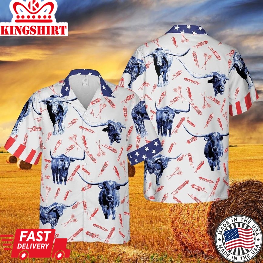 Independence Day Fire Cracker Tx-Longhorn Pattern All Printed 3D Hawaiian Shirt