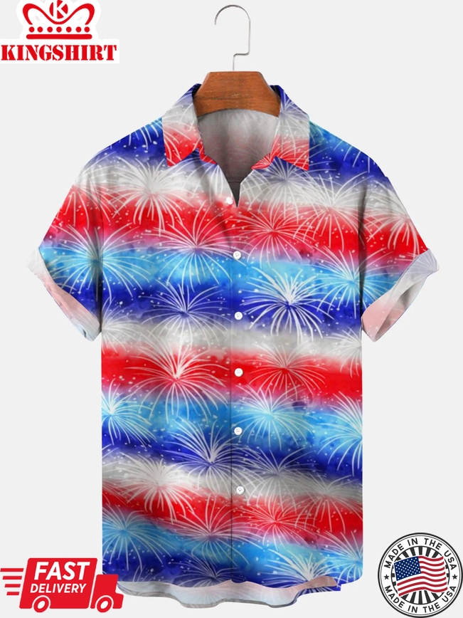 Independence Day Fireworks Gradient Men's Trendy Hawaiian Shirt, 4Th Of July Trendy Hawaiian Shirt