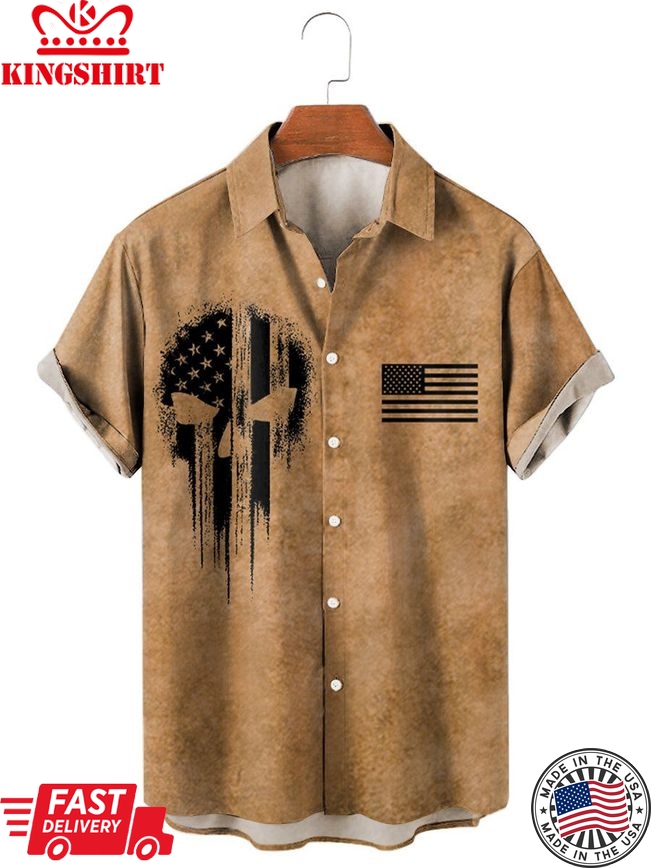 Independence Day Skull Print Casual Breathable Short Sleeve Shirt