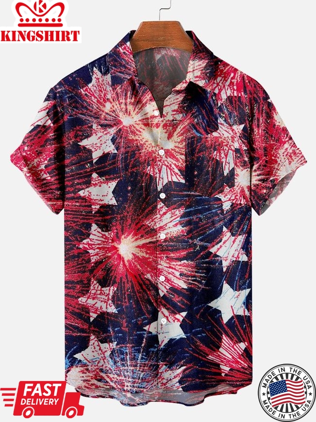 Independence Day Star Firework Pattern Men's Short Sleeve Pocket Shirt