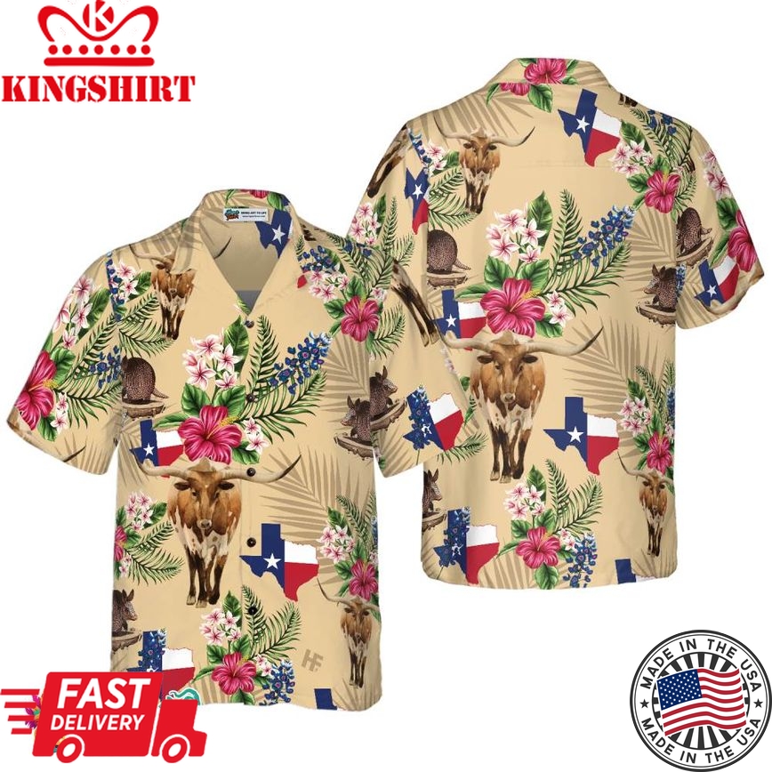 Insignia Bluebonnet Texas Hawaiian Shirt Cream Version, Don't Mess With Texas Armadillo And Longhorn, Texas Home Shirt For Men