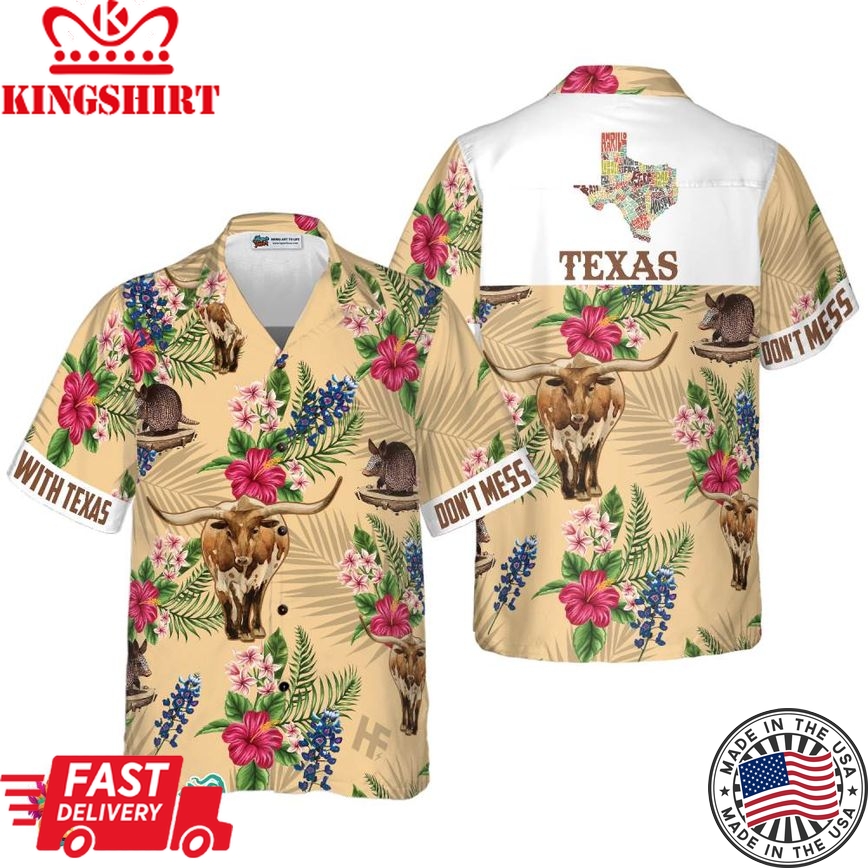 Insignia Bluebonnet Texas Hawaiian Shirt White Back Cream Version, Don't Mess With Texas Armadillo And Longhorn, Texas Home Shirt For Men