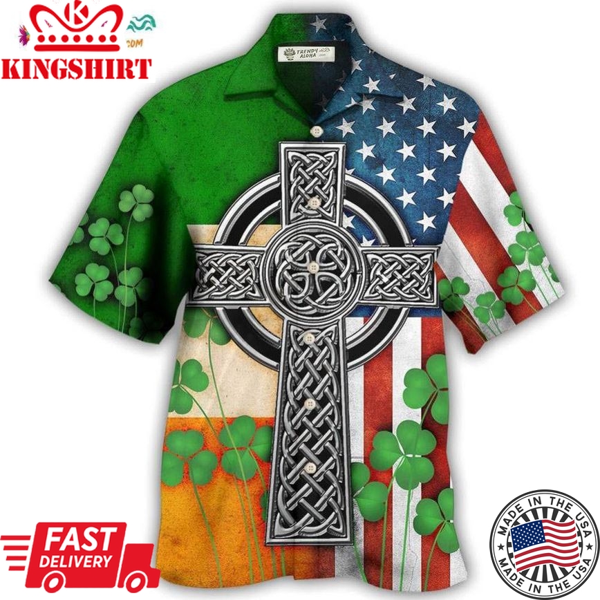 Irish American Flag Celtic Cross Irish Saint Patrick'S Day All Over Hawaiian Shirt