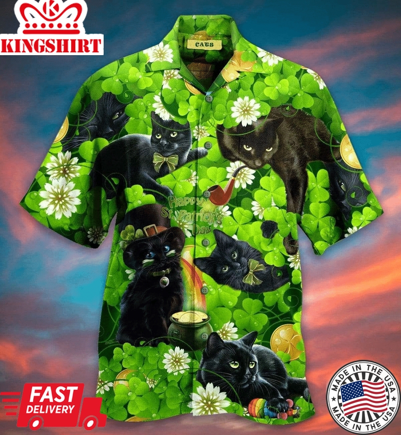 Irish Black Cat So Cute St Patricks Day Hawaiian Aloha Hawaii Shirts