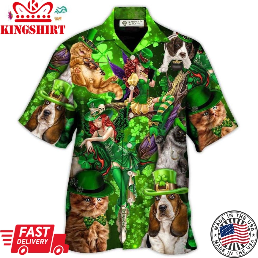 Irish Cat Girl St Patrick'S Day Green Light Hawaiian Shirt