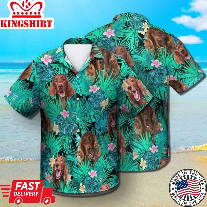 Irish Setter Trendy Hawaiian Shirt, Dog Summer Leaves Trendy Hawaiian Shirt, Unisex Print Aloha Short Sleeve Casual Shirt Summer Gifts