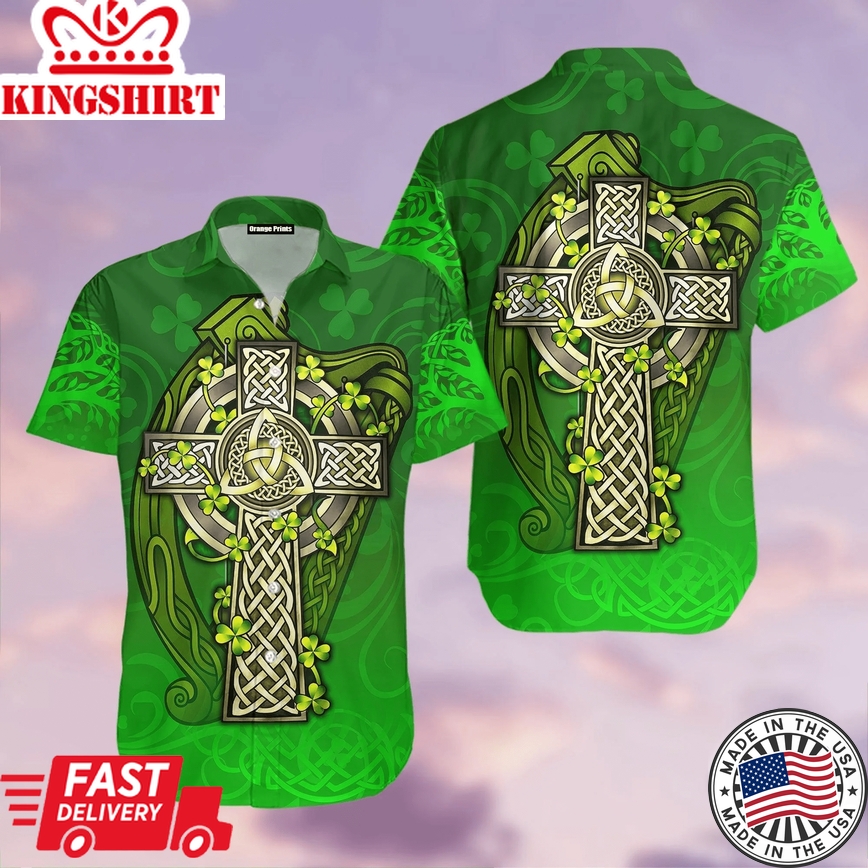 Irish St.Patrick Celtic Cross And The Irish Harp Trendy Hawaiian Shirt For