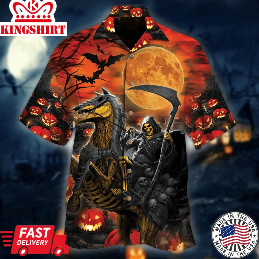 Iron Horse And Reaper Skull Halloween Trendy Hawaiian Shirt, Horse Trendy Hawaiian Shirt For