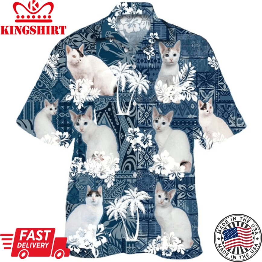 Japanese Bobtail Trendy Hawaiian Shirt, 3D Full Printed White Cat Trendy Hawaiian Shirt, Summer Aloha Beach Shirts, Summer Gift For Women