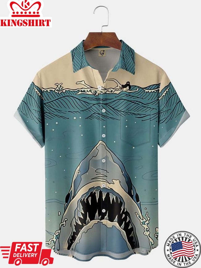 Japanese Ukiyo-E Shark Chest Pocket Short Sleeve Hawaiian Shirt