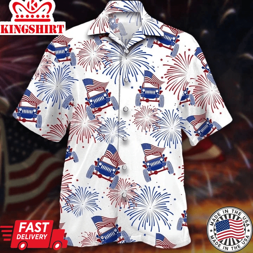 Jeep Car Trendy Hawaiian Shirt, Flag Jeeps And Fireworks Beautiful Design Trendy Hawaiian Shirt