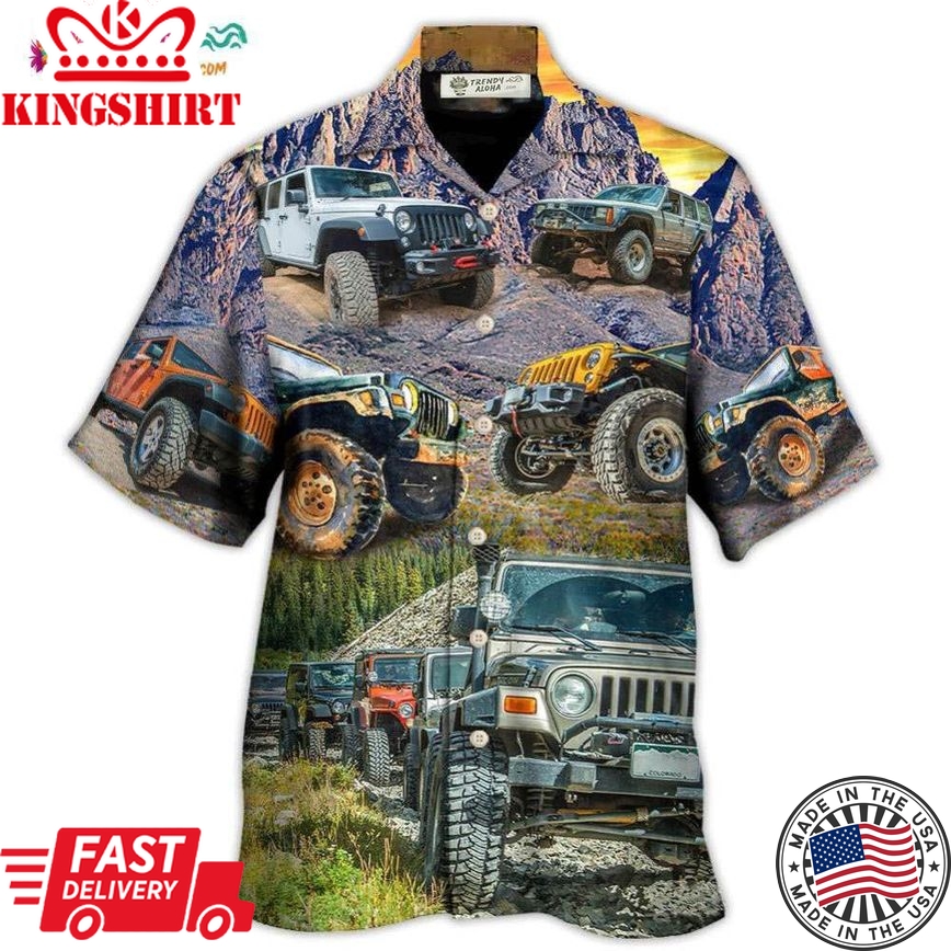 Jeep In The Mountain Sunset Vintage Art Style Hawaiian Shirt