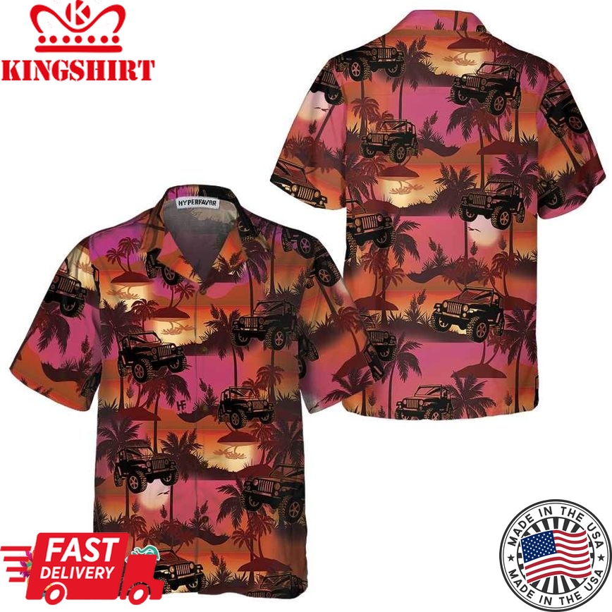 Jeep Tropical Sunset Pattern Hawaiian Shirt, Retro Vibe Jeep Beach Shirt For Men