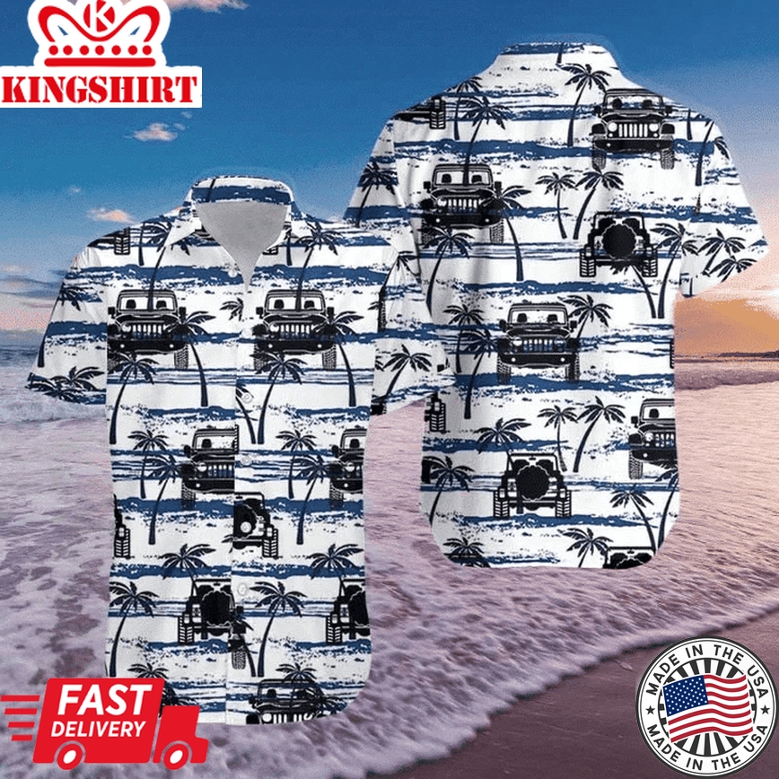 Jeep With Palm Tree Pattern Blue And White Theme Trendy Hawaiian Shirt