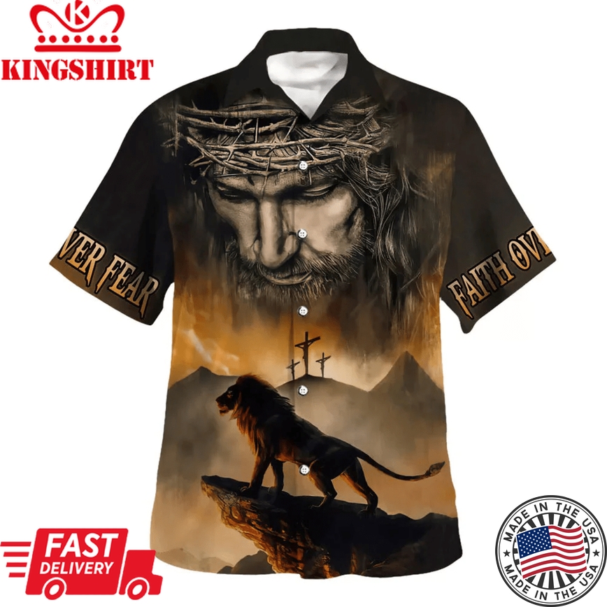 Jesus And Lion Trendy Hawaiian Shirt - Christian Trendy Hawaiian Shirt - Religious Trendy Hawaiian Shirts