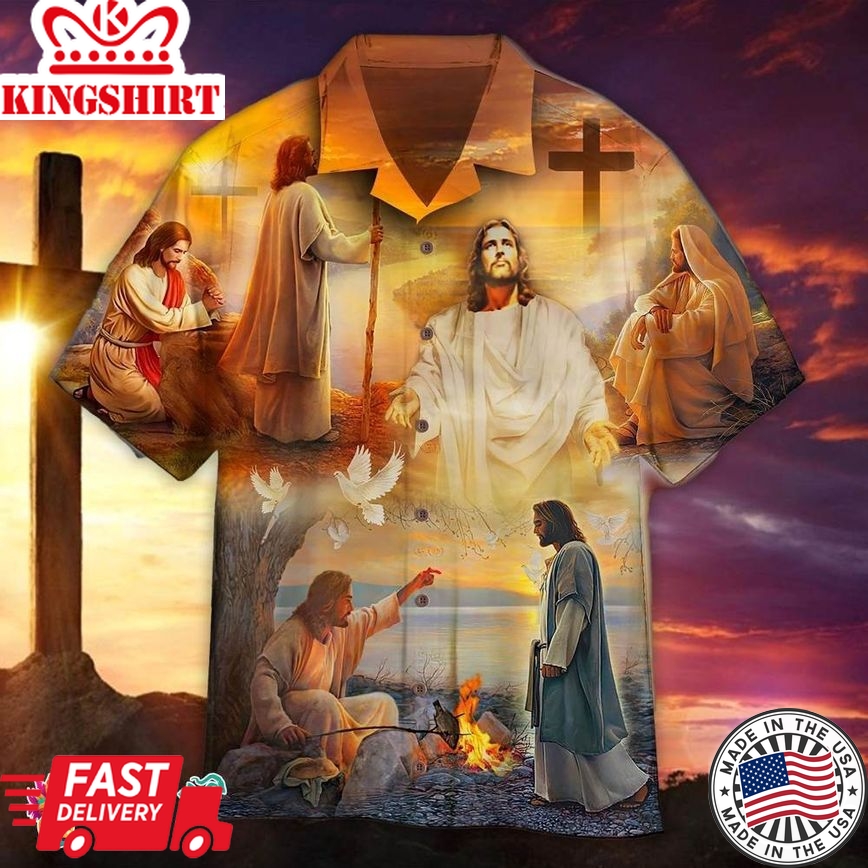 Jesus And Sunset Aloha Hawaiian Shirts For Men, Aloha Hawaiian Shirts