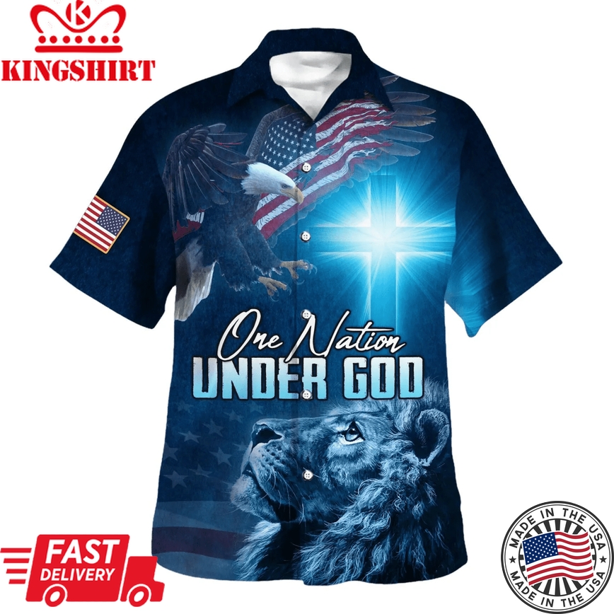 Jesus Christ Lion Eagle One Nation Under God American Trendy Hawaiian Shirt - Christian Trendy Hawaiian Shirt - Best Trendy Hawaiian Shirts