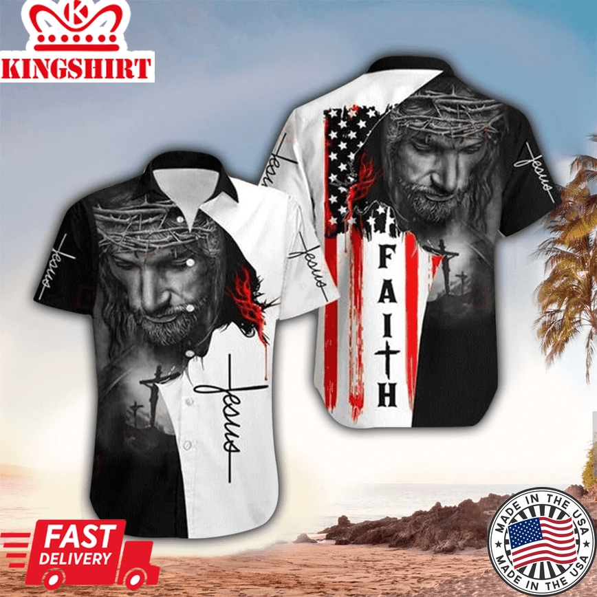 Jesus Face Faith American Flag Hawaii Shirt - Christian Trendy Hawaiian Shirts For Men & Women