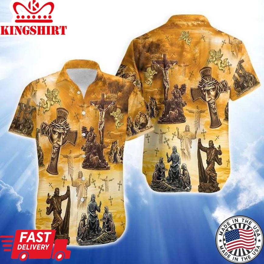 Jesus Hawaiian Shirt Bronze Jesus Cross Statue Yellow Hawaii Shirt Jesus Aloha Shirt