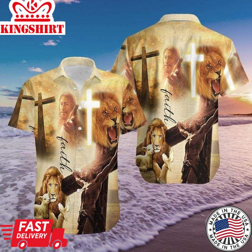 Jesus Hawaiian Shirt Faith Lion Lamb Jesus Hawaii Shirt Jesus Aloha Shirt Christian Apparel