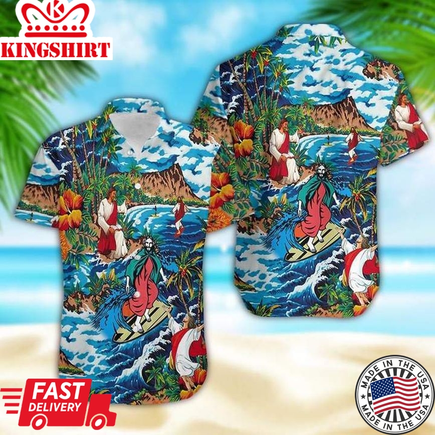 Jesus Hawaiian Shirt Jesus Surfing On Island Hawaii Shirt Jesus Aloha Shirt Christian Apparel